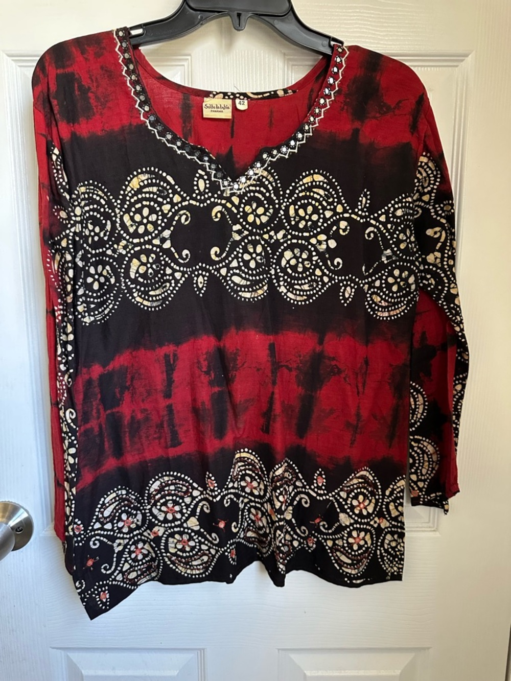Red and Black Embellished V-Neck Boho Tunic